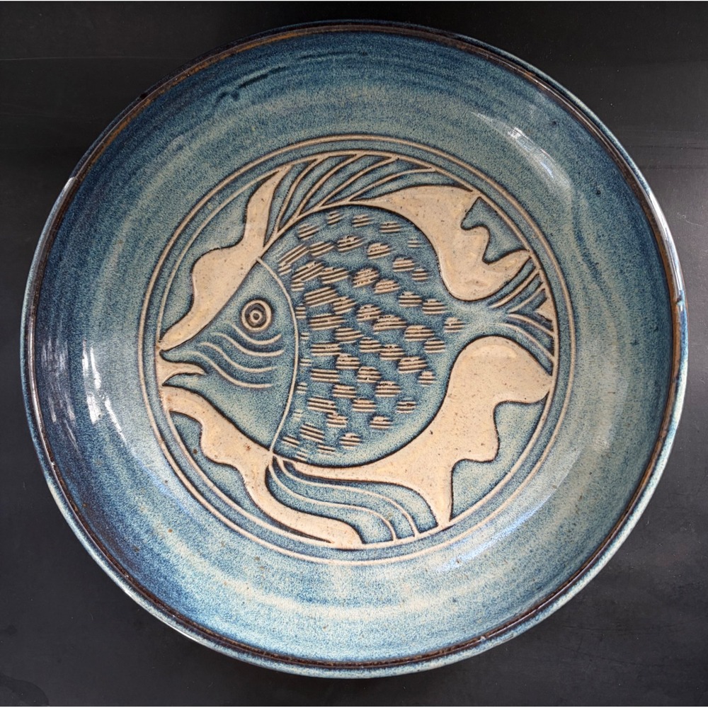 North Eagle Pottery Blue Fish Sgraffito Studio Pottery Bowl 10 Inch Signed
